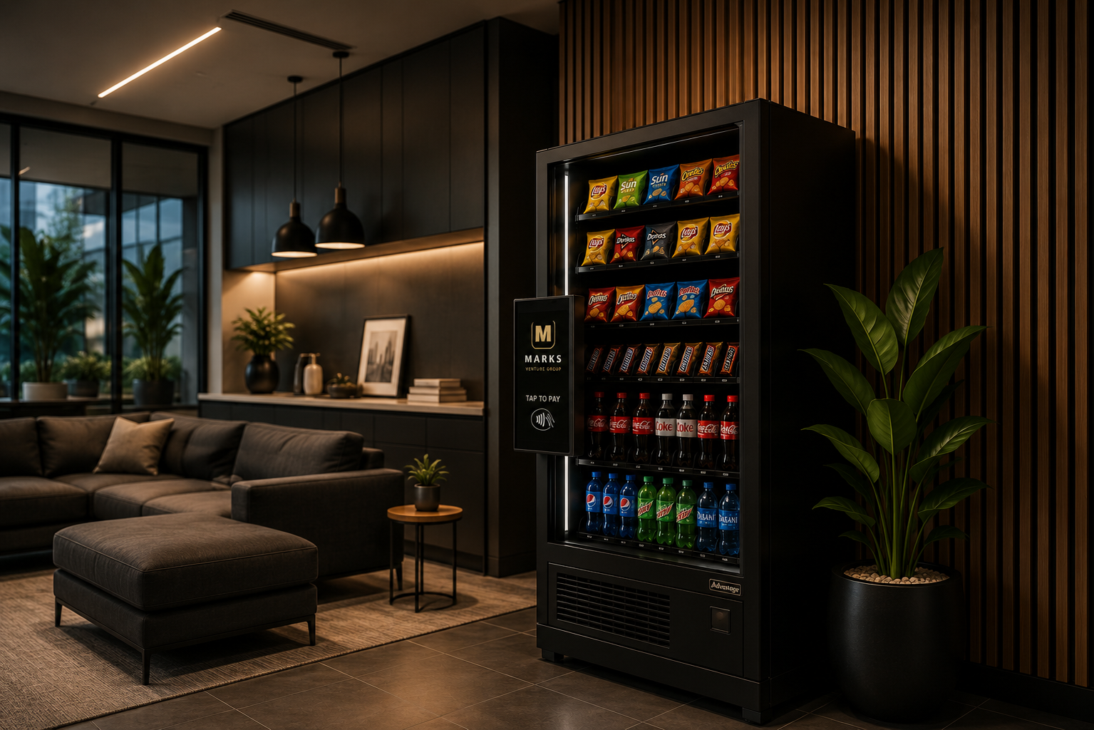 Premium vending machine installed in an elegant apartment clubhouse lounge