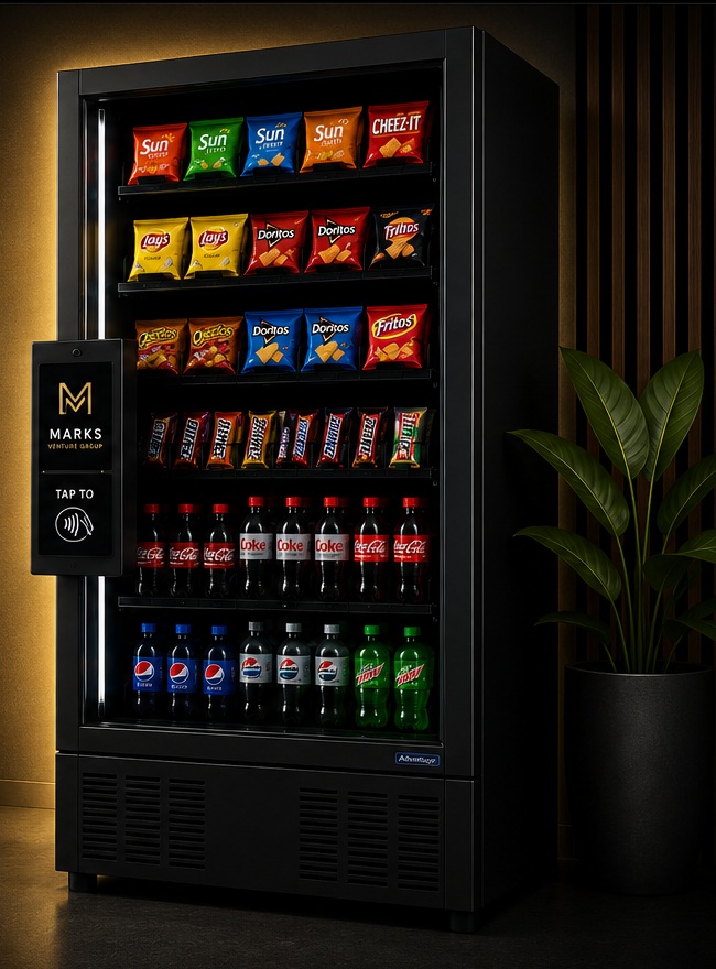 Premium Marks Venture Group vending machine stocked with snacks and cold drinks